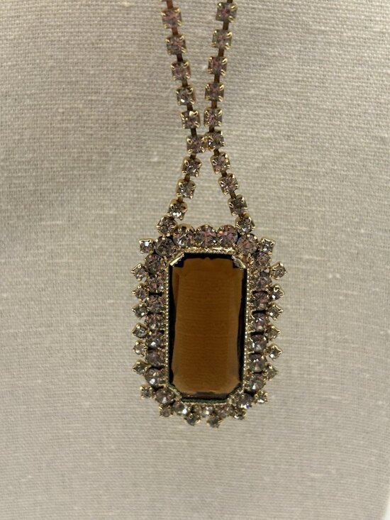 Unbranded Jewelry - Vintage Statement Brown Glass Rhinestone Pendant Necklace Gold Tone Glam Style